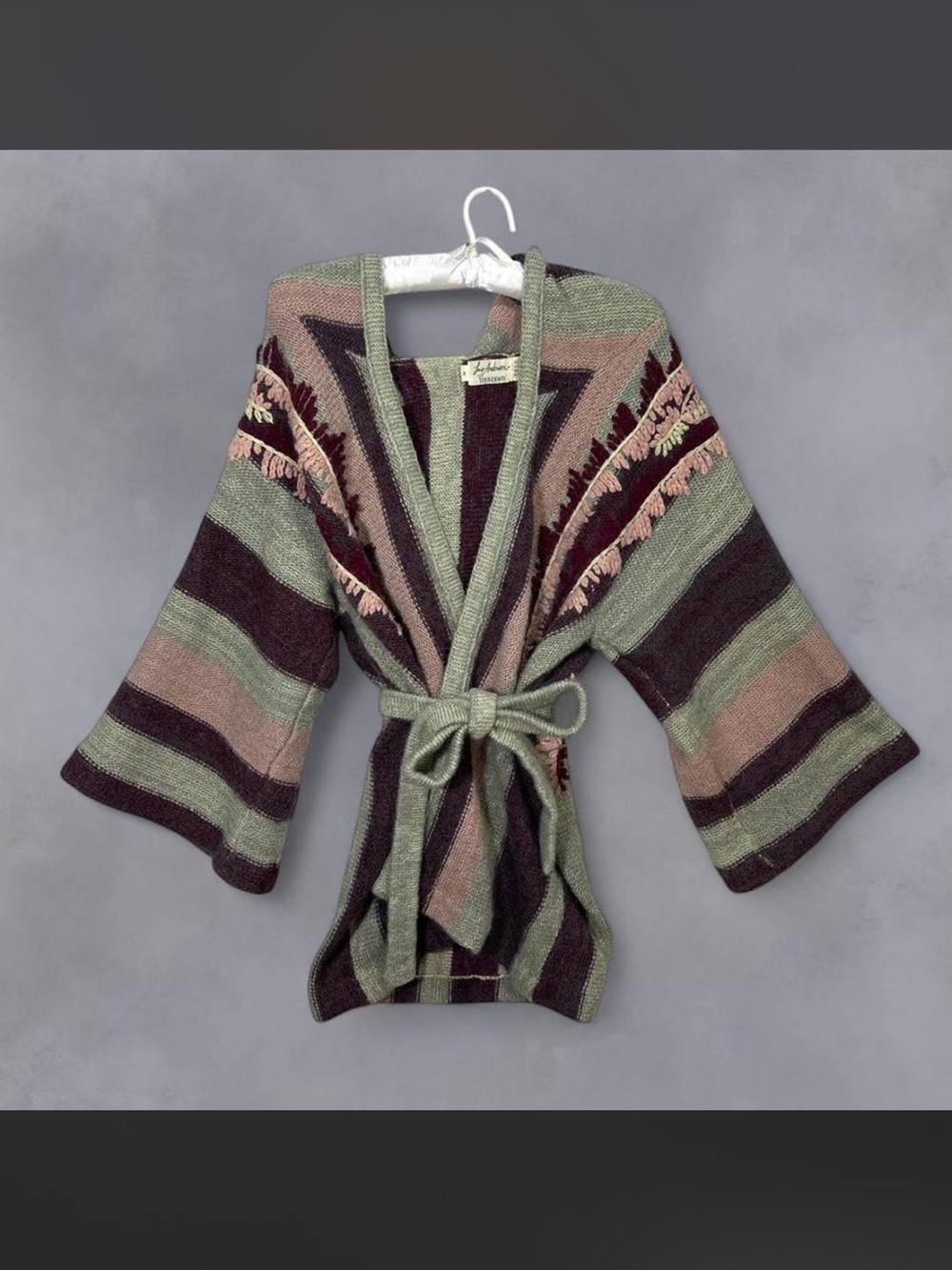 Vintage 70s boho twee tie waist striped embroidered hooded cardigan sweater M - Picture 2 of 9